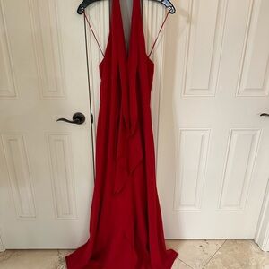 Carmen Marc Valvo Red Plunge Neck Sleeveless Gown